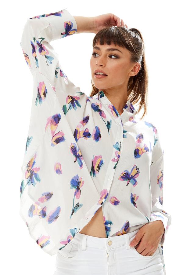 Liquorish Women's Long Sleeve Floral Print Button-Up White Shirt with Collar - Regular Fit Stylish and Versatile Design
