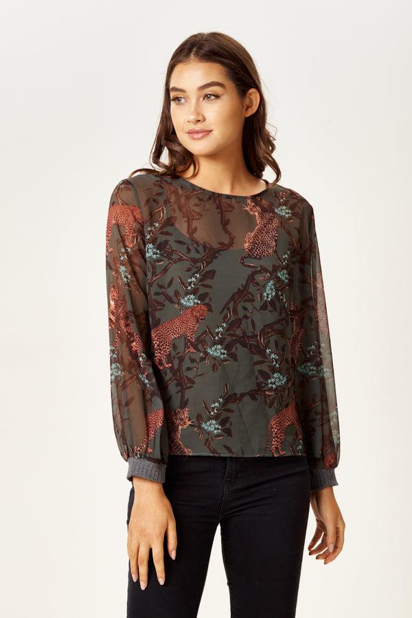 Liquorish Women's Long Sleeve Khaki Leopard Print Top With Regular Fit And Vest Layering