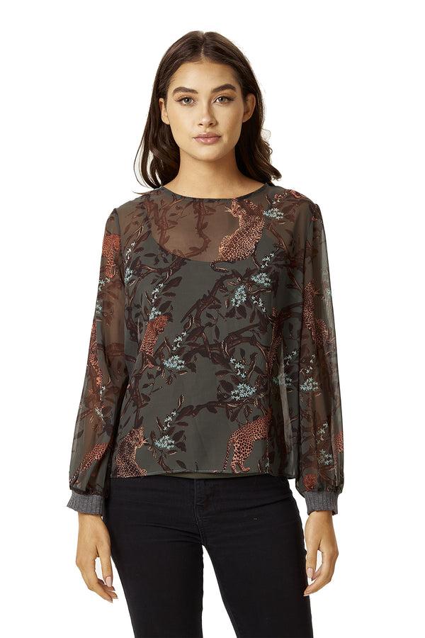 Liquorish Women's Long Sleeve Khaki Leopard Print Top with Regular Fit and Vest Layering