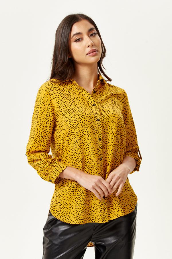 Liquorish Women's Long Sleeve Mustard Polka Dot Shirt With Button Cuffs And Soft Touch Fabric Perfect For Casual Styling