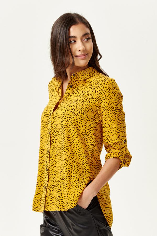 Liquorish Women's Long Sleeve Mustard Polka Dot Shirt With Button Cuffs And Soft Touch Fabric Perfect For Casual Styling
