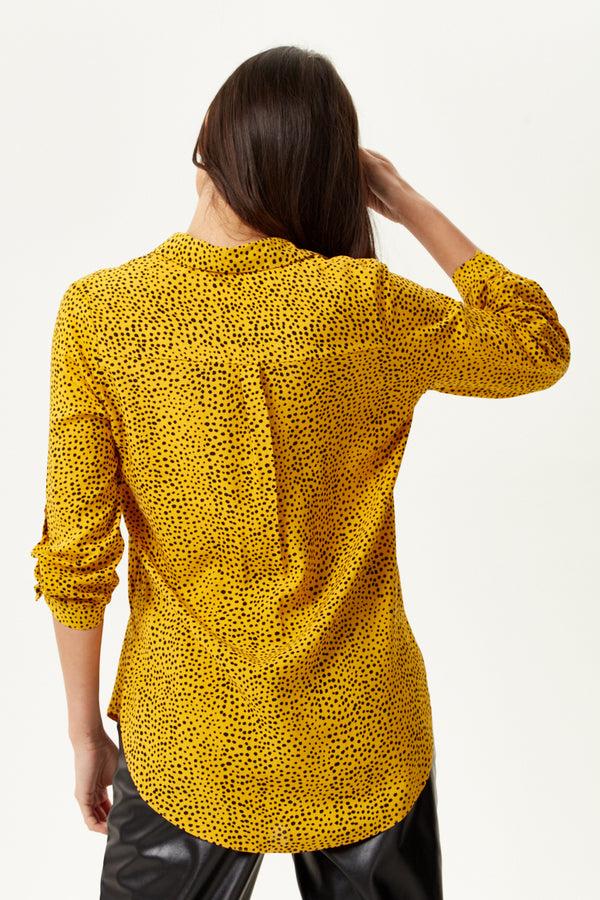 Liquorish Women's Long Sleeve Mustard Polka Dot Shirt With Button Cuffs And Soft Touch Fabric Perfect For Casual Styling