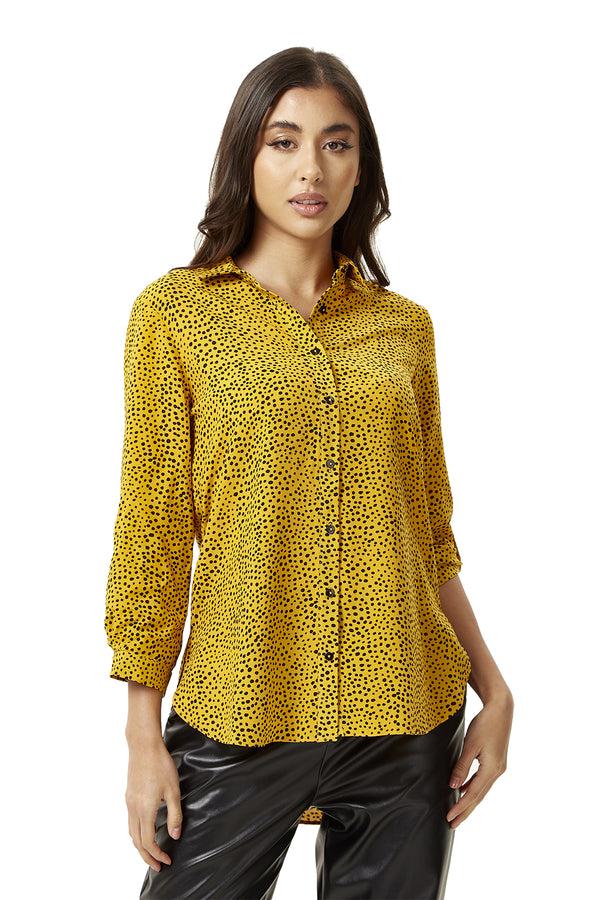 Liquorish Women's Long Sleeve Mustard Polka Dot Shirt with Button Cuffs and Soft Touch Fabric Perfect for Casual Styling