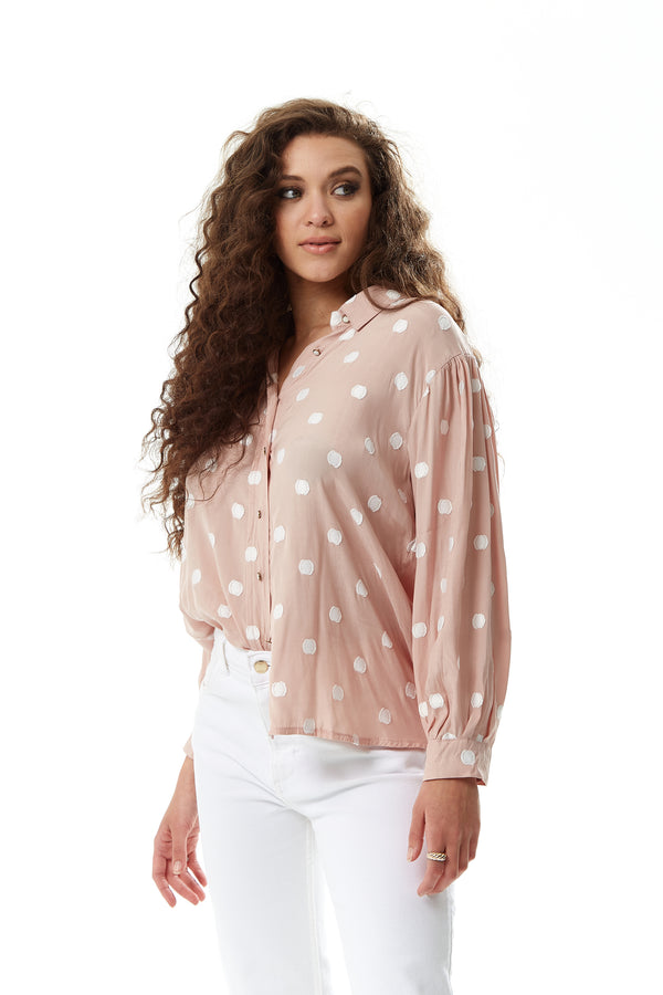 Liquorish Women's Long Sleeve Nude Polka Dot Button-Up Shirt With Collar - Regular Fit White Polka Dot Print