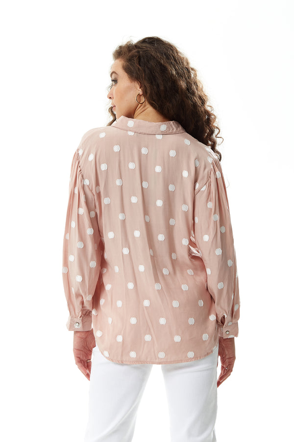 Liquorish Women's Long Sleeve Nude Polka Dot Button-Up Shirt With Collar - Regular Fit White Polka Dot Print