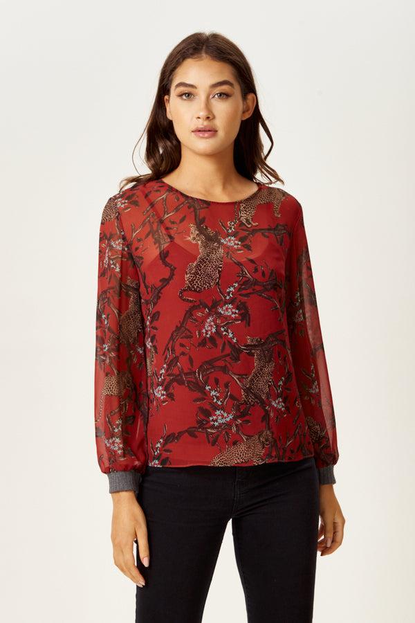Liquorish Women's Long Sleeve Red Leopard Print Top With Grey Elasticated Cuffs - Regular Fit Perfect For Casual Wear