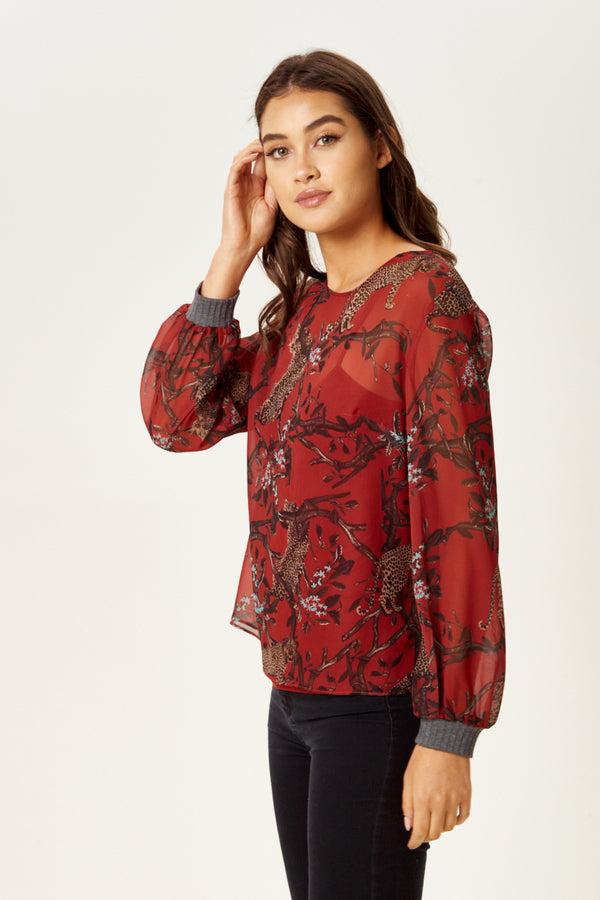 Liquorish Women's Long Sleeve Red Leopard Print Top With Grey Elasticated Cuffs - Regular Fit Perfect For Casual Wear