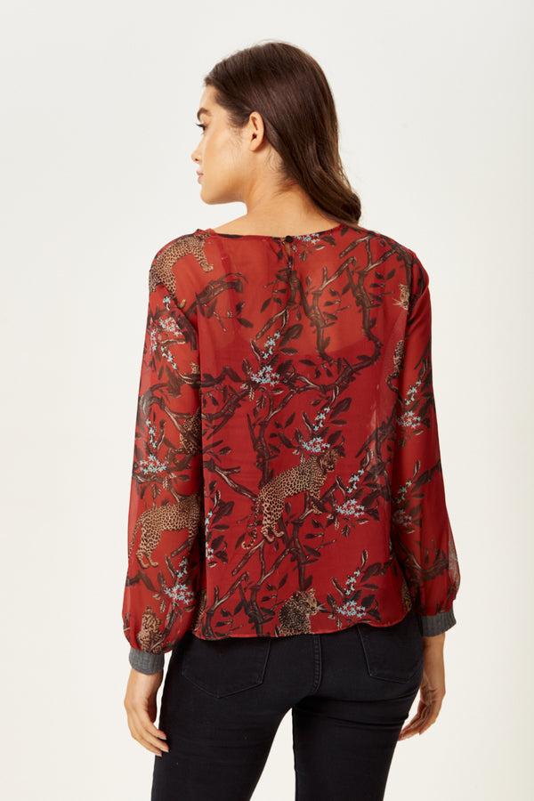 Liquorish Women's Long Sleeve Red Leopard Print Top With Grey Elasticated Cuffs - Regular Fit Perfect For Casual Wear