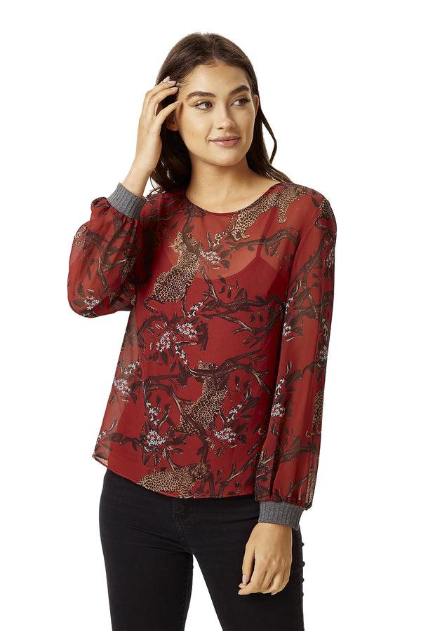 Liquorish Women's Long Sleeve Red Leopard Print Top with Grey Elasticated Cuffs - Regular Fit Perfect for Casual Wear