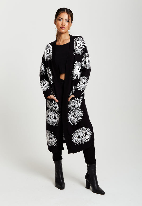 Liquorish Women's Longline Black Cardigan With Eye Pattern Open Front Relaxed Fit - Liquorish