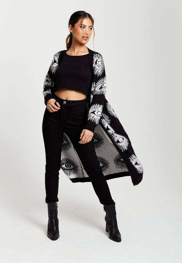 Liquorish Women's Longline Black Cardigan With Eye Pattern Open Front Relaxed Fit - Liquorish