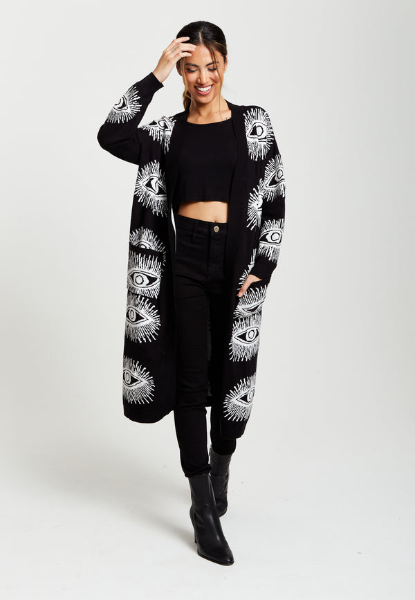 Liquorish Women's Longline Black Cardigan with Eye Pattern Open Front Relaxed Fit - Liquorish
