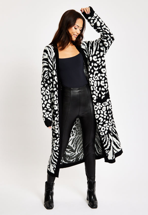 Liquorish Women's Longline Cardigan In Black And White Zebra Pattern Long Sleeves Open Front Design - Liquorish