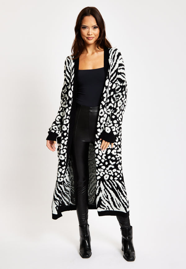 Liquorish Women's Longline Cardigan In Black And White Zebra Pattern Long Sleeves Open Front Design - Liquorish