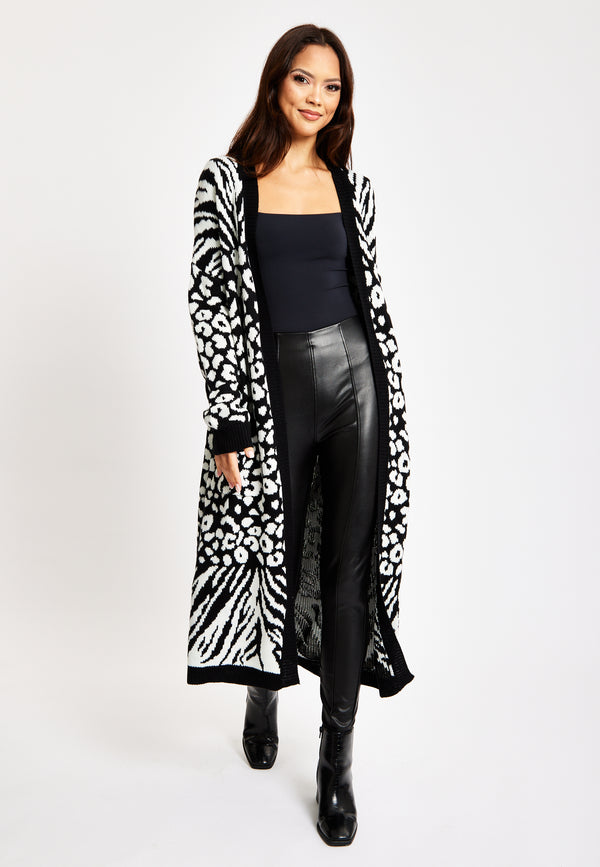 Liquorish Women's Longline Cardigan In Black And White Zebra Pattern Long Sleeves Open Front Design - Liquorish