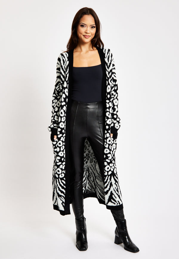 Liquorish Women's Longline Cardigan in Black and White Zebra Pattern Long Sleeves Open Front Design - Liquorish