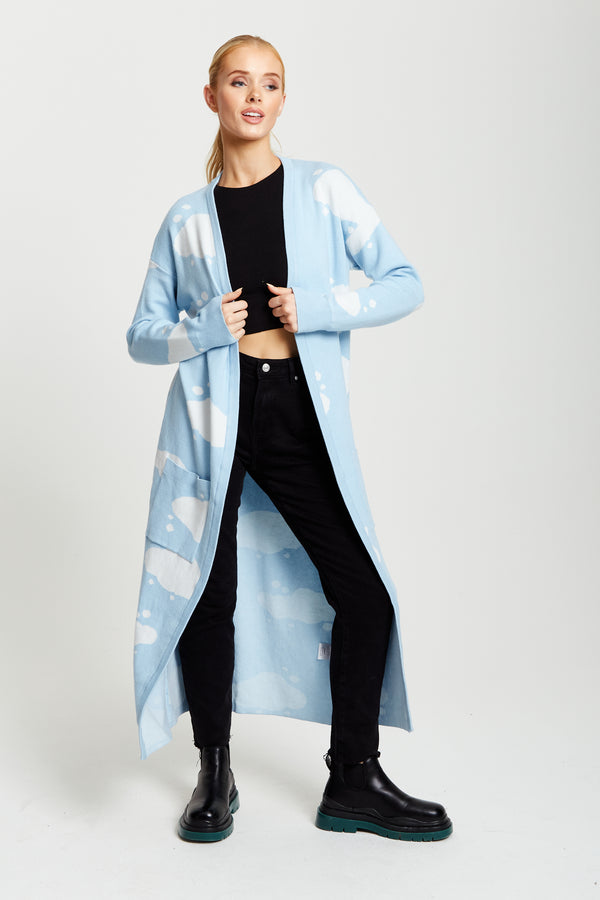 Liquorish Women's Longline Cardigan in Light Blue with Cloud Pattern and Open Front Design - Liquorish