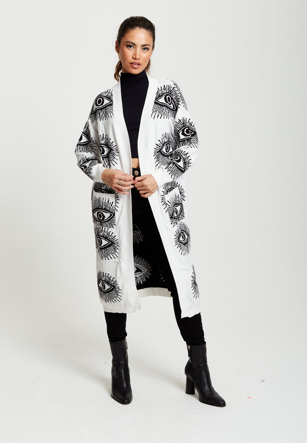 Liquorish Women's Longline Cardigan With Eye Pattern Open Front White Color Relaxed Fit - Liquorish