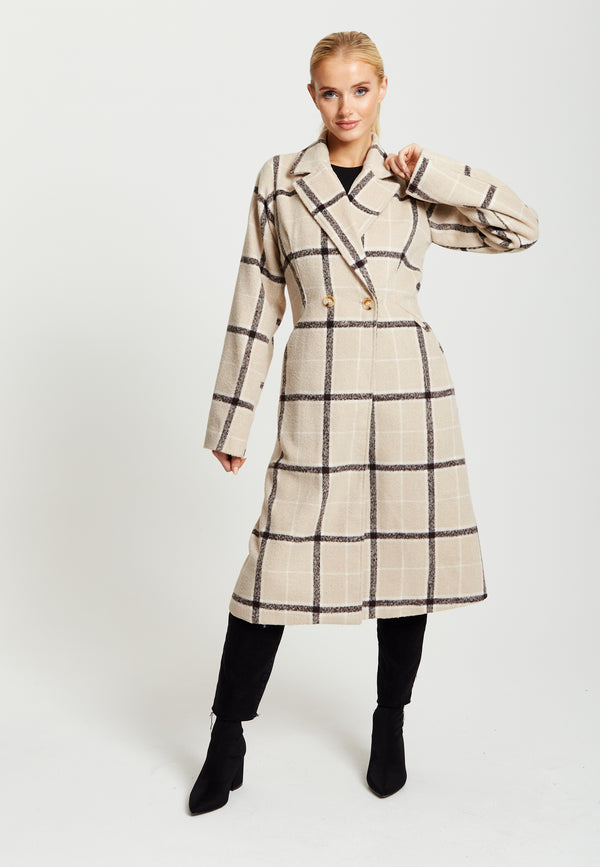 Liquorish Women's Longline Check Coat With Notch Collar Front Buttons And Side Pockets - Liquorish