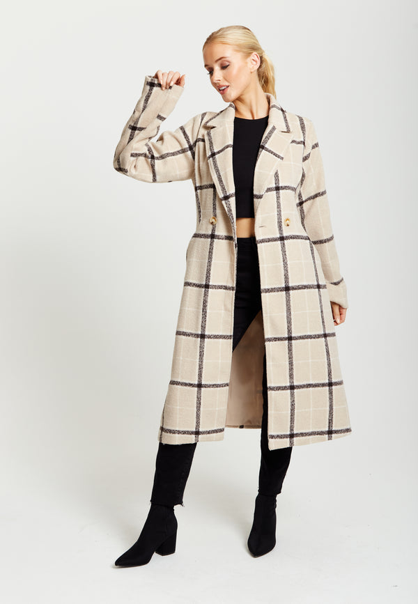 Liquorish Women's Longline Check Coat With Notch Collar Front Buttons And Side Pockets - Liquorish