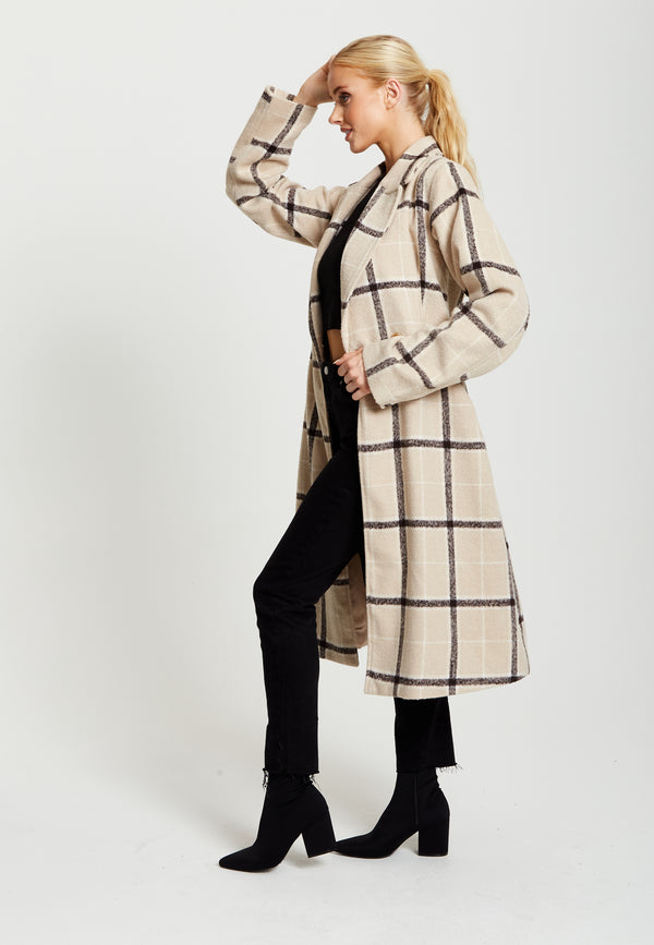 Liquorish Women's Longline Check Coat With Notch Collar Front Buttons And Side Pockets - Liquorish