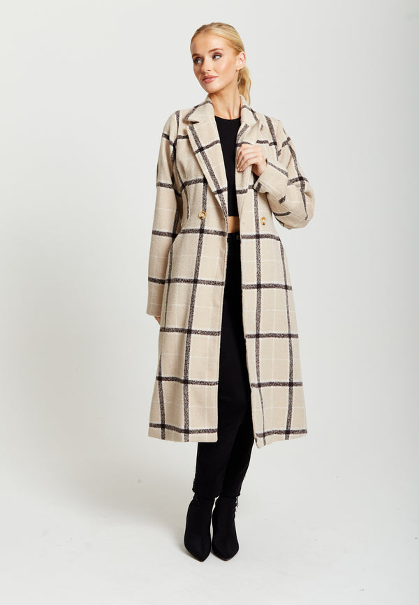 Liquorish Women's Longline Check Coat with Notch Collar Front Buttons and Side Pockets - Liquorish