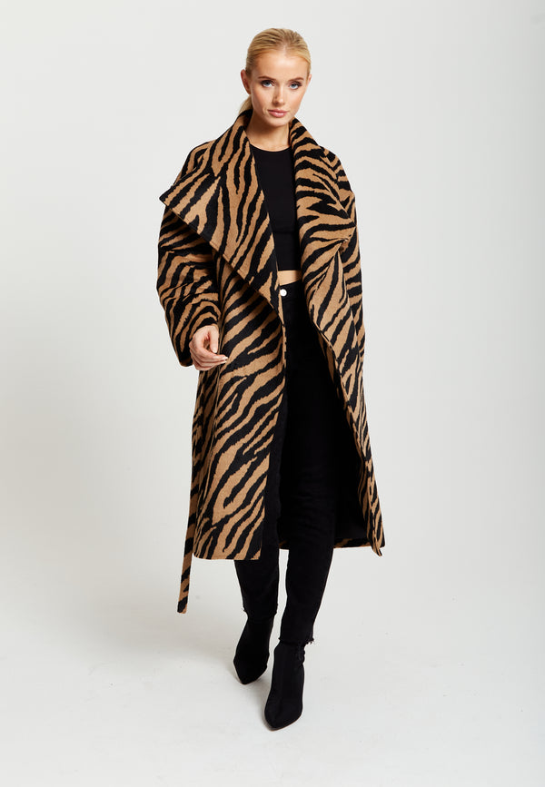 Liquorish Women's Longline Zebra Print Coat In Brown & Black With Tie Waist And Side Pockets - Liquorish
