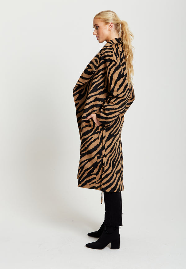 Liquorish Women's Longline Zebra Print Coat In Brown & Black With Tie Waist And Side Pockets - Liquorish
