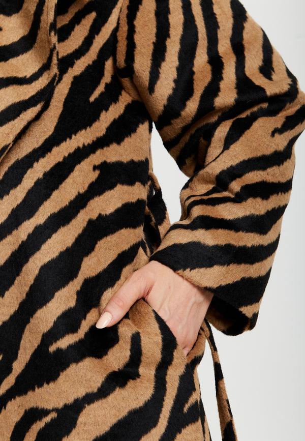 Liquorish Women's Longline Zebra Print Coat In Brown & Black With Tie Waist And Side Pockets - Liquorish