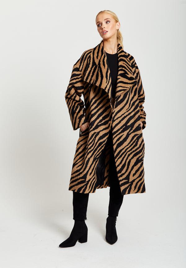 Liquorish Women's Longline Zebra Print Coat in Brown & Black with Tie Waist and Side Pockets - Liquorish