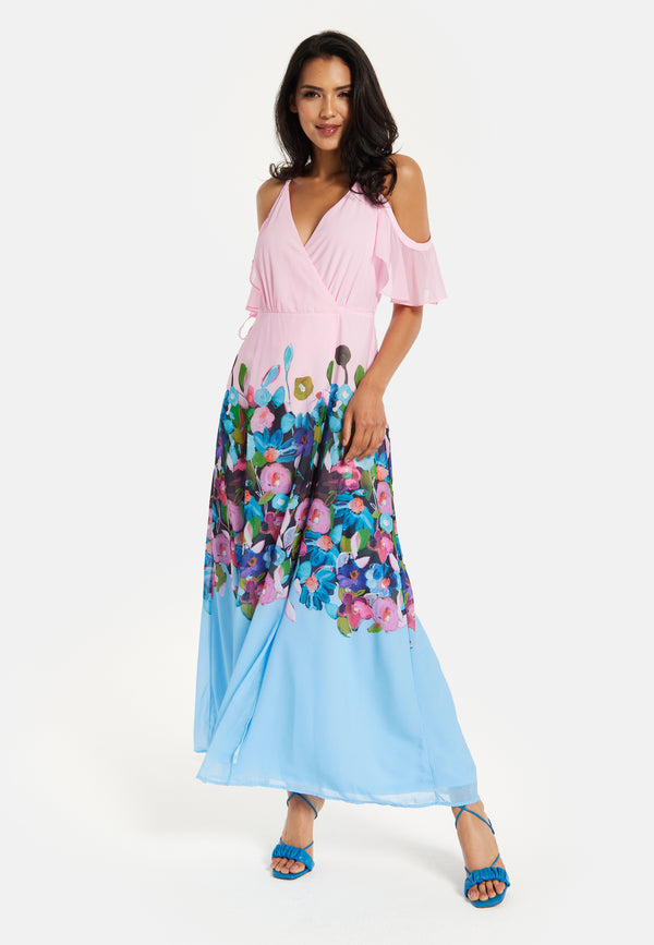 Liquorish Women's Maxi Dress In Blue & Pink Floral Print With Cold Shoulder & Frill Details - Wrap Style By Liquorish