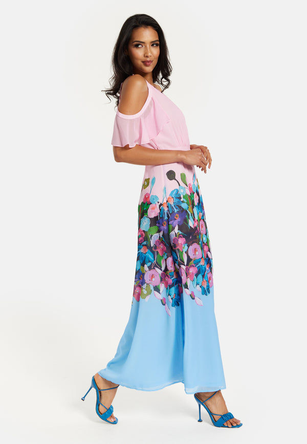 Liquorish Women's Maxi Dress In Blue & Pink Floral Print With Cold Shoulder & Frill Details - Wrap Style By Liquorish