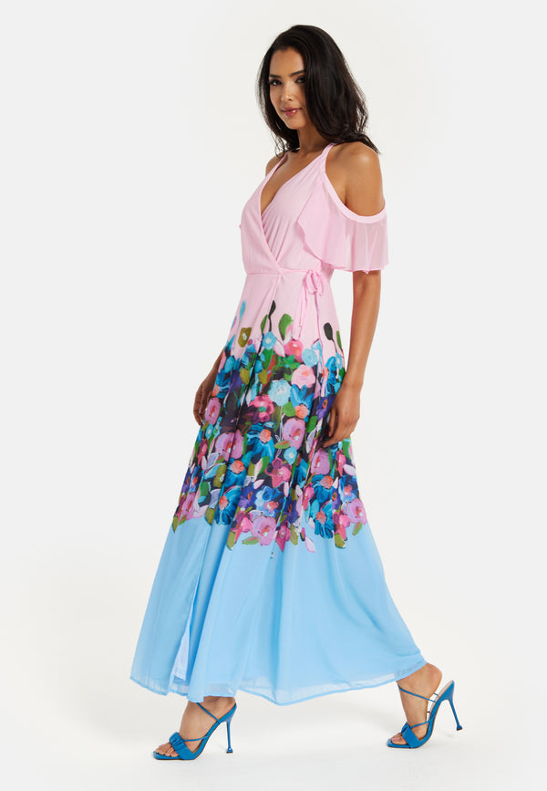 Liquorish Women's Maxi Dress In Blue & Pink Floral Print With Cold Shoulder & Frill Details - Wrap Style By Liquorish