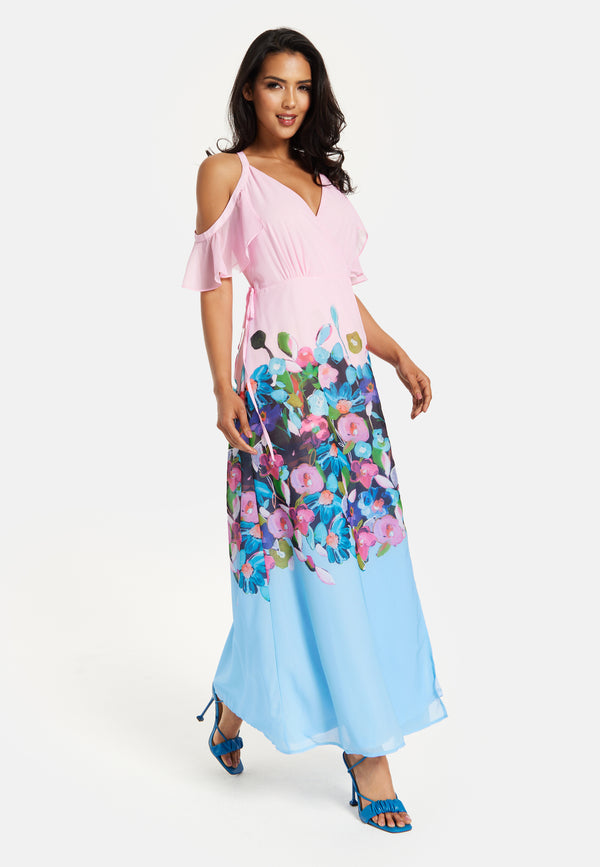 Liquorish Women's Maxi Dress in Blue & Pink Floral Print with Cold Shoulder & Frill Details - Wrap Style by Liquorish
