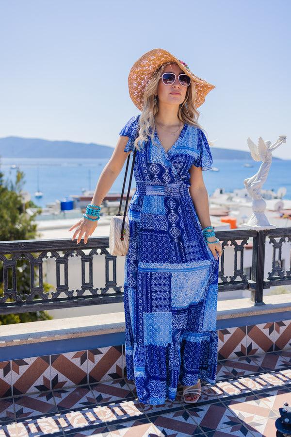 Liquorish Women's Maxi Dress In Blue Tile Print With Short Sleeves And Open Back Tie Detail - Liquorish