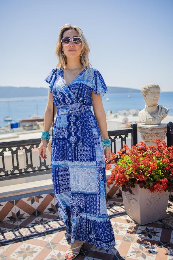 Liquorish Women's Maxi Dress In Blue Tile Print With Short Sleeves And Open Back Tie Detail - Liquorish