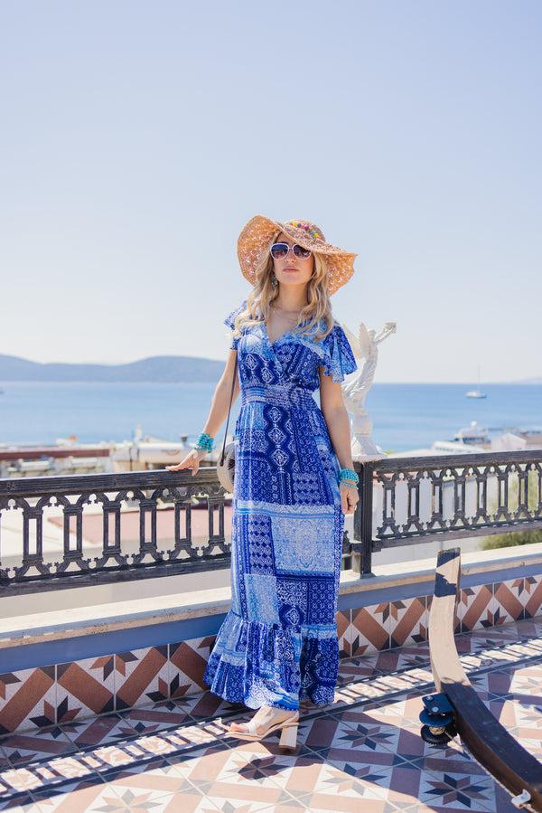 Liquorish Women's Maxi Dress in Blue Tile Print with Short Sleeves and Open Back Tie Detail - Liquorish