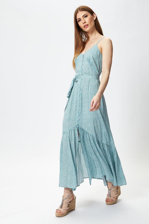 Liquorish Women's Maxi Dress In Blue With Cami Sleeves And Matching Tie Waist - Liquorish