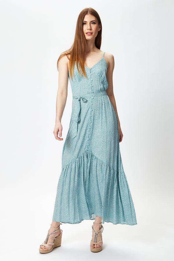 Liquorish Women's Maxi Dress in Blue with Cami Sleeves and Matching Tie Waist - Liquorish