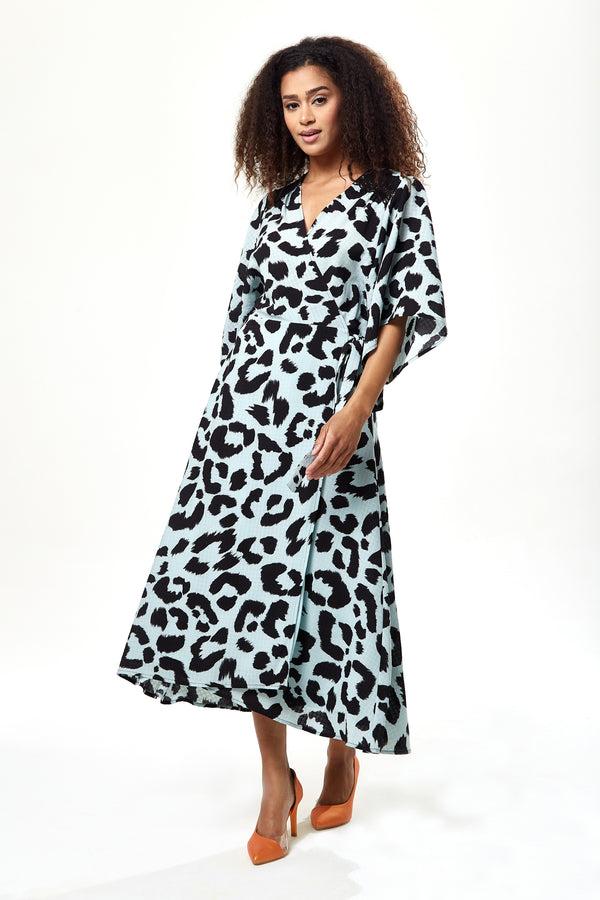 Liquorish Women's Maxi Dress in Blue with Kimono Sleeves and Tie Waist - Liquorish Animal Print