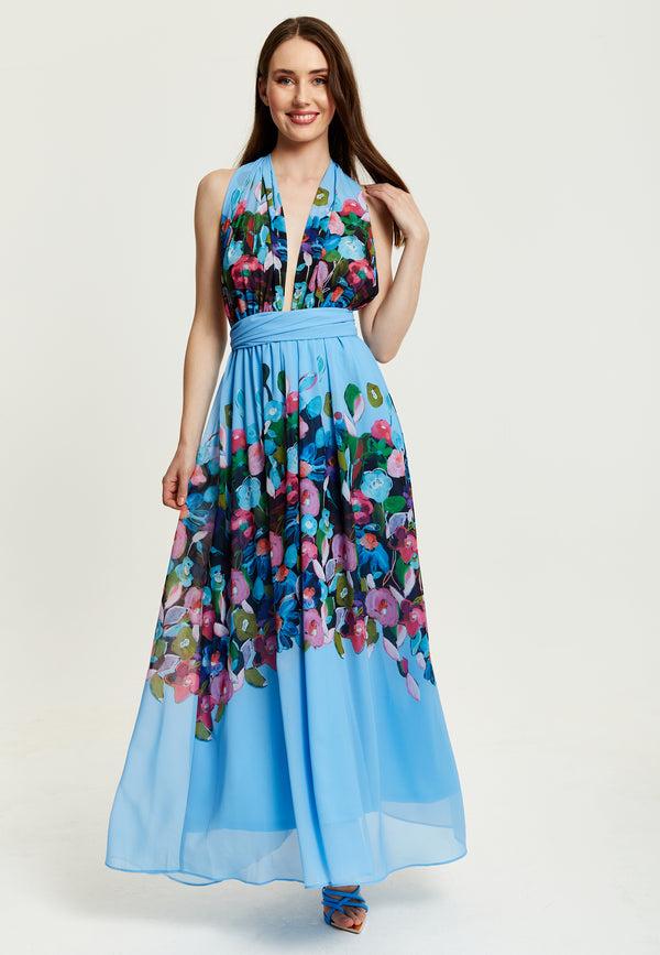 Liquorish Women’s Maxi Dress in Blue with Sleeveless Design and Deep V Neck - Liquorish