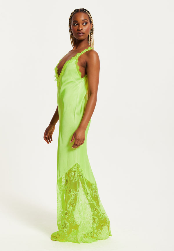 Liquorish Women's Maxi Dress In Bright Yellow With Lace Detail Deep V-Neck And Sleeveless Design - Liquorish