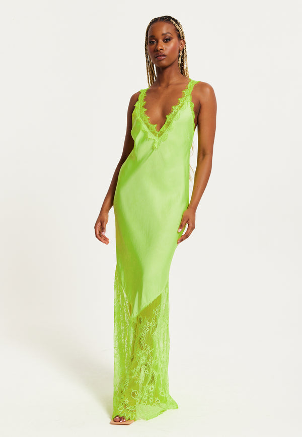Liquorish Women's Maxi Dress In Bright Yellow With Lace Detail Deep V-Neck And Sleeveless Design - Liquorish