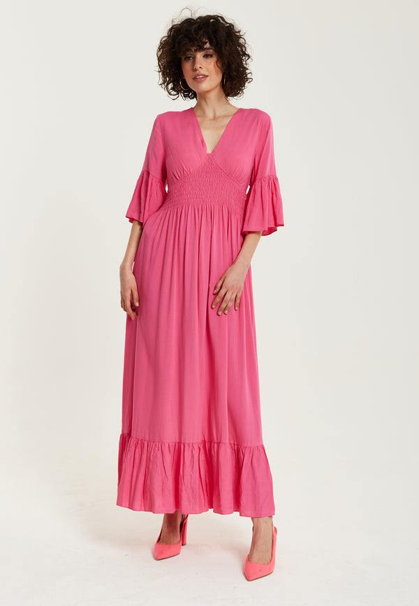Liquorish Women's Maxi Dress In Chic Pink With Frill Short Sleeves For Comfort And Style - Liquorish