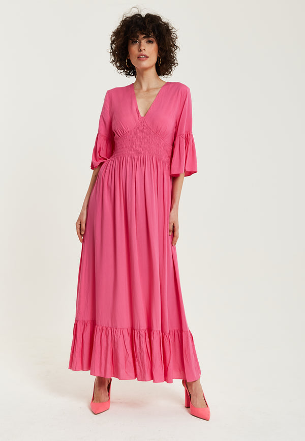 Liquorish Women's Maxi Dress In Chic Pink With Frill Short Sleeves For Comfort And Style - Liquorish