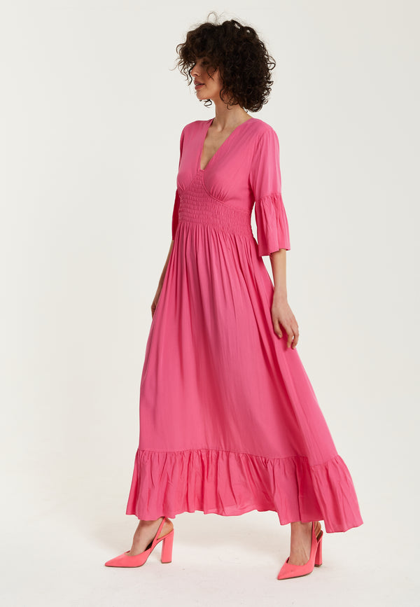 Liquorish Women's Maxi Dress In Chic Pink With Frill Short Sleeves For Comfort And Style - Liquorish