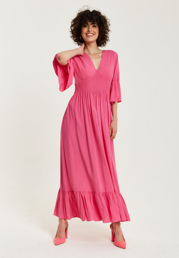 Liquorish Women's Maxi Dress in Chic Pink with Frill Short Sleeves for Comfort and Style - Liquorish
