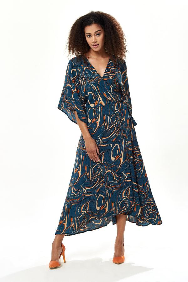 Liquorish Women's Maxi Dress In Dark Green With Kimono Sleeves And Scribble Print Wrap Design By Liquorish