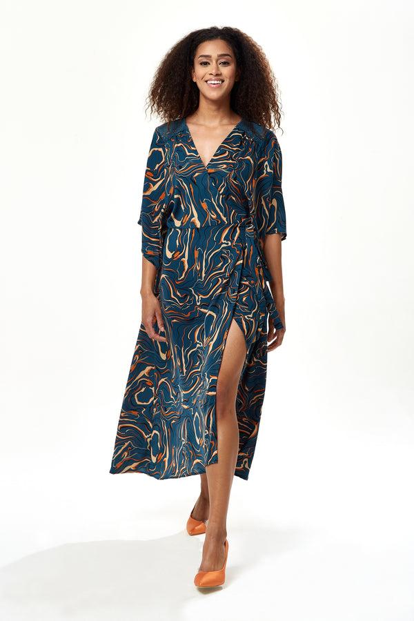 Liquorish Women's Maxi Dress In Dark Green With Kimono Sleeves And Scribble Print Wrap Design By Liquorish