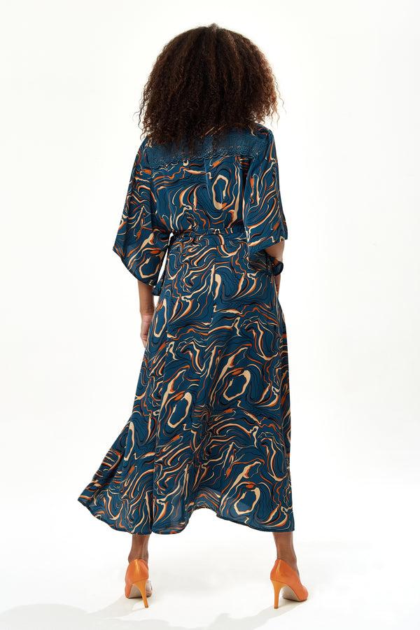 Liquorish Women's Maxi Dress In Dark Green With Kimono Sleeves And Scribble Print Wrap Design By Liquorish